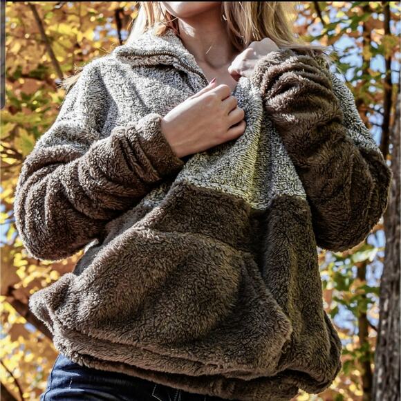 Blue B quarter zip kangaroo pocket pullover teddy 2 tone brown small - Picture 3 of 5